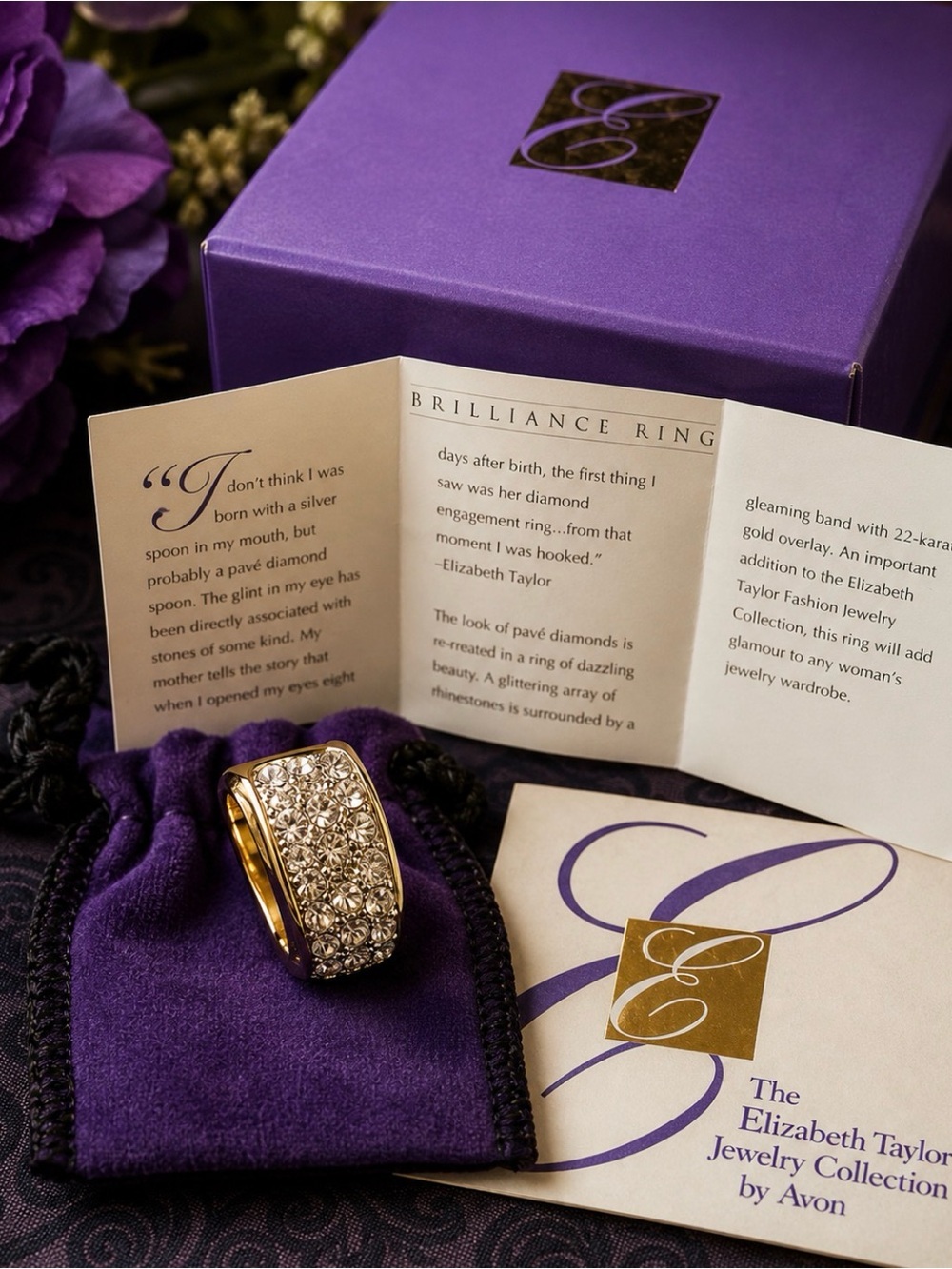 Elizabeth Taylor Brilliance Avon 22K Gold Overlay Pave Statement Ring Size 7